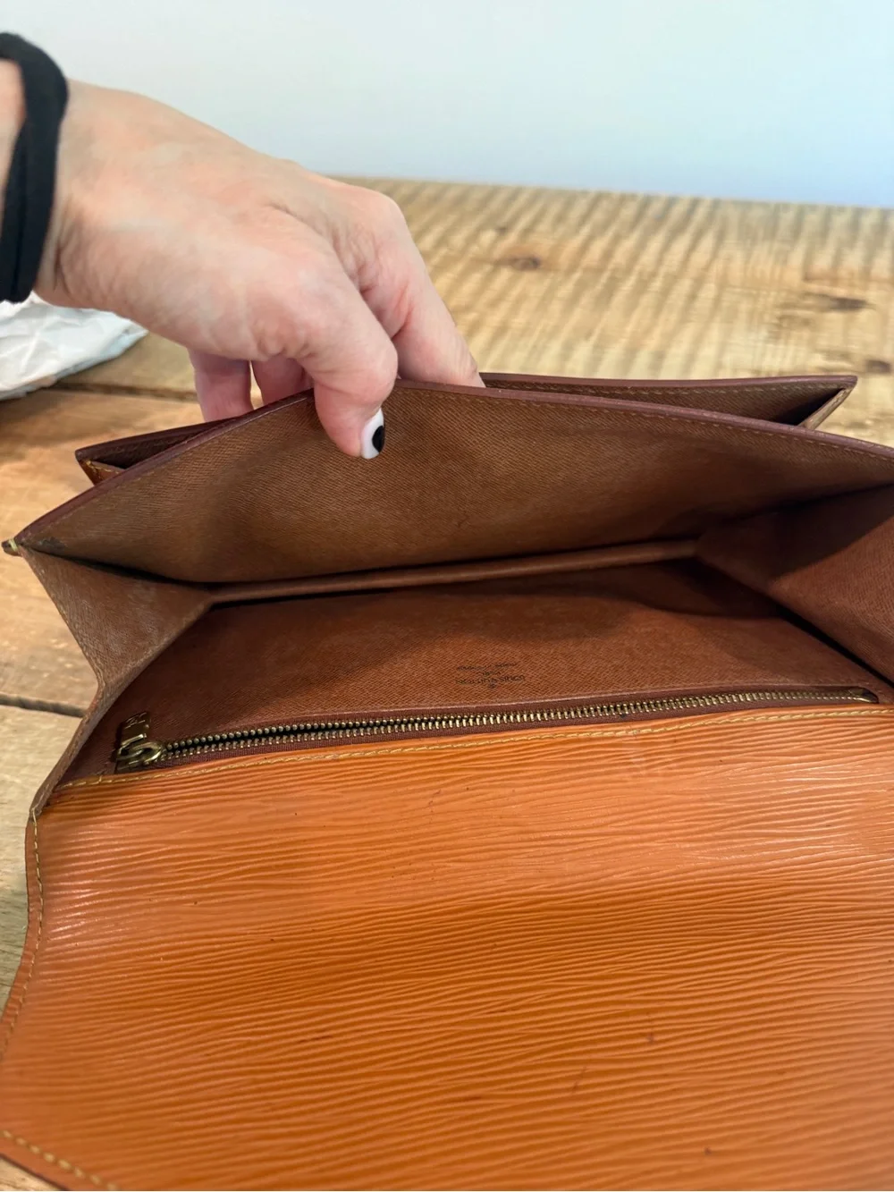 Louis Vuitton Tan Epi Leather Wristlet Clutch with Gold Hardware project piece